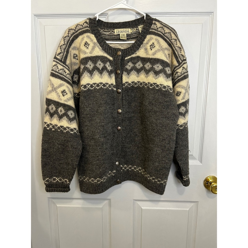 Eddie Bauer Legends Womens Grey Fair Isle 100% Wool Button Cardigan Sweater Med
